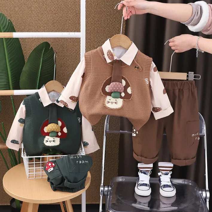 3-Piece Mushroom Vest Outfit β Brown or Green (1-5 Years)